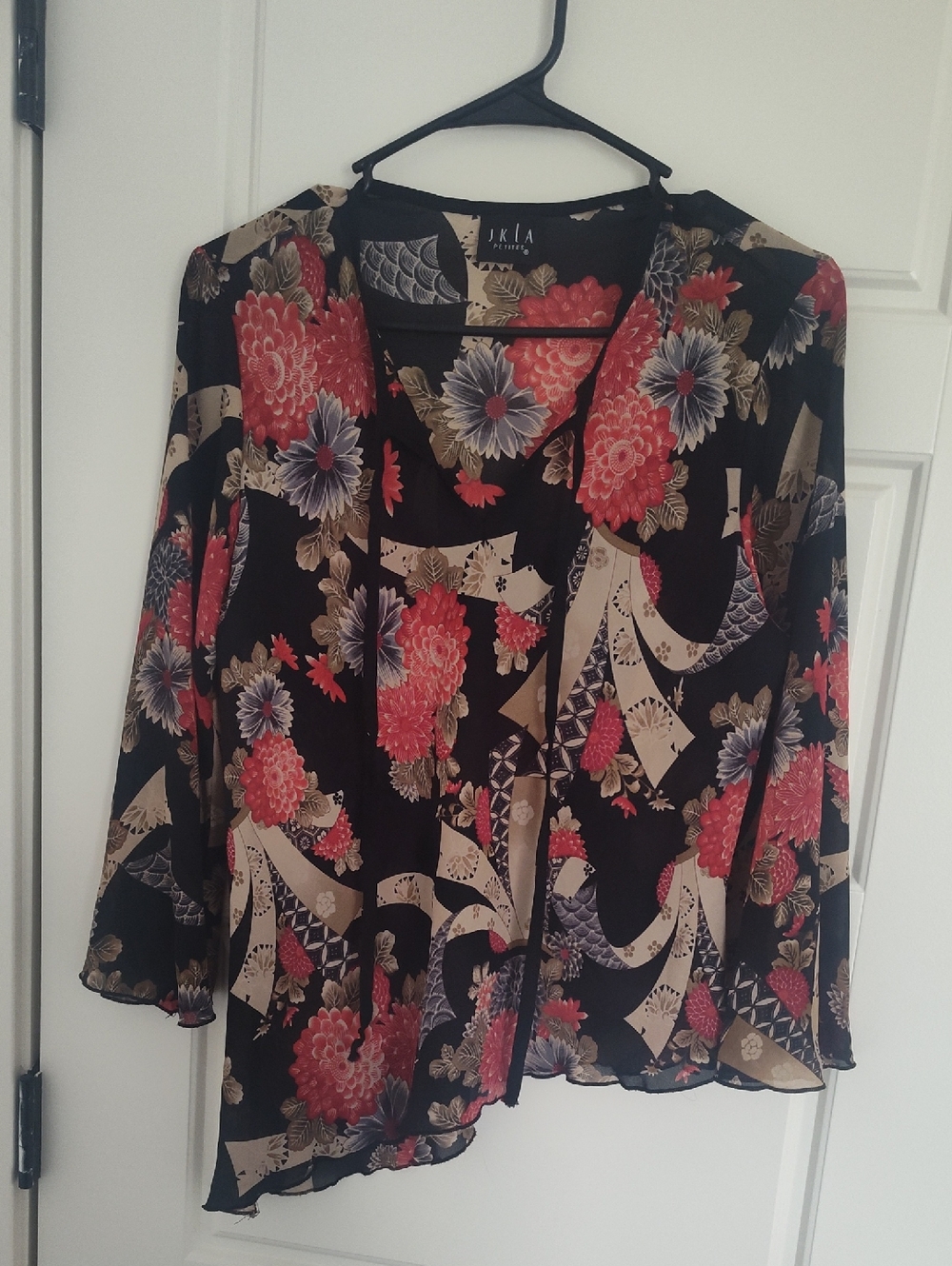 J.K. LA Black Floral Sheer Cardigan with Red & Cream Accents
